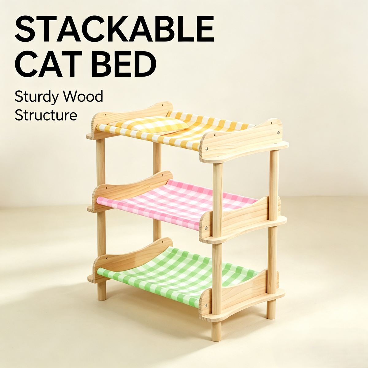 Multi‑Tier Wooden Cat Bunk Bed, 3‑Layer Elevated Pet Hammock Bed