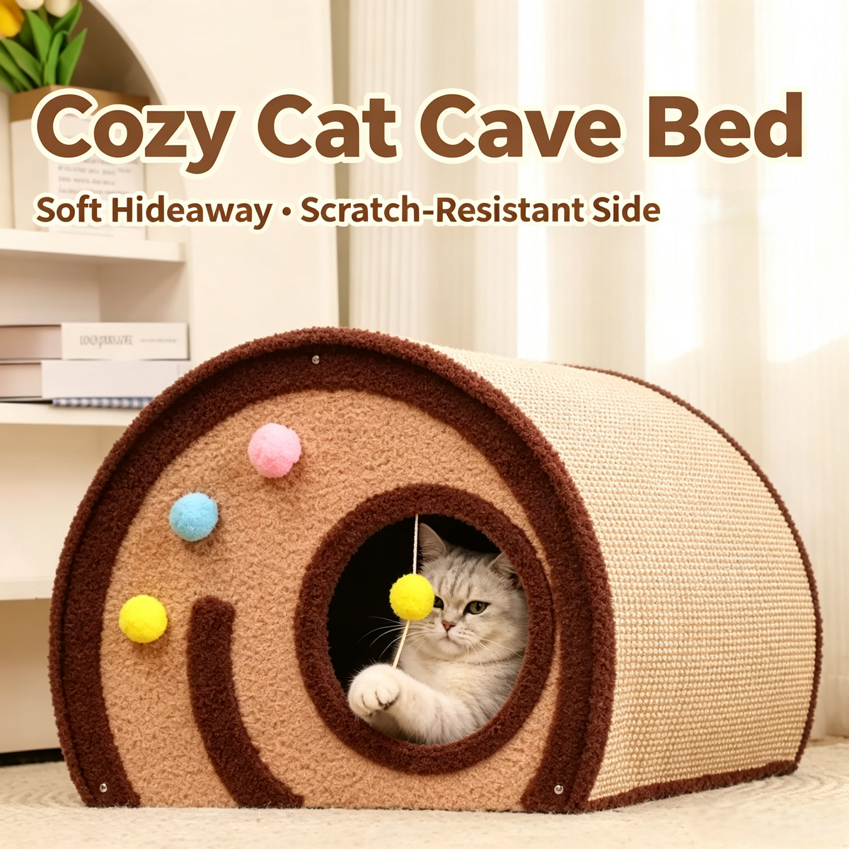 Roll‑Style Cat Cave Bed with Sisal Scratching Surface, Multi‑Function Indoor Cat Hideout with Hanging Toy