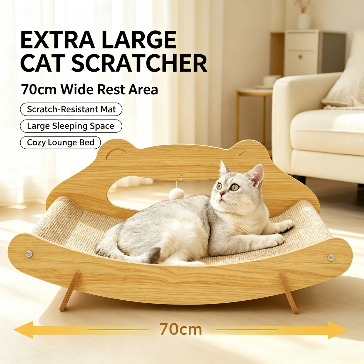 Extra‑Large Wooden Cat Scratcher Bed, Multi‑Cat Shared Sisal Lounge