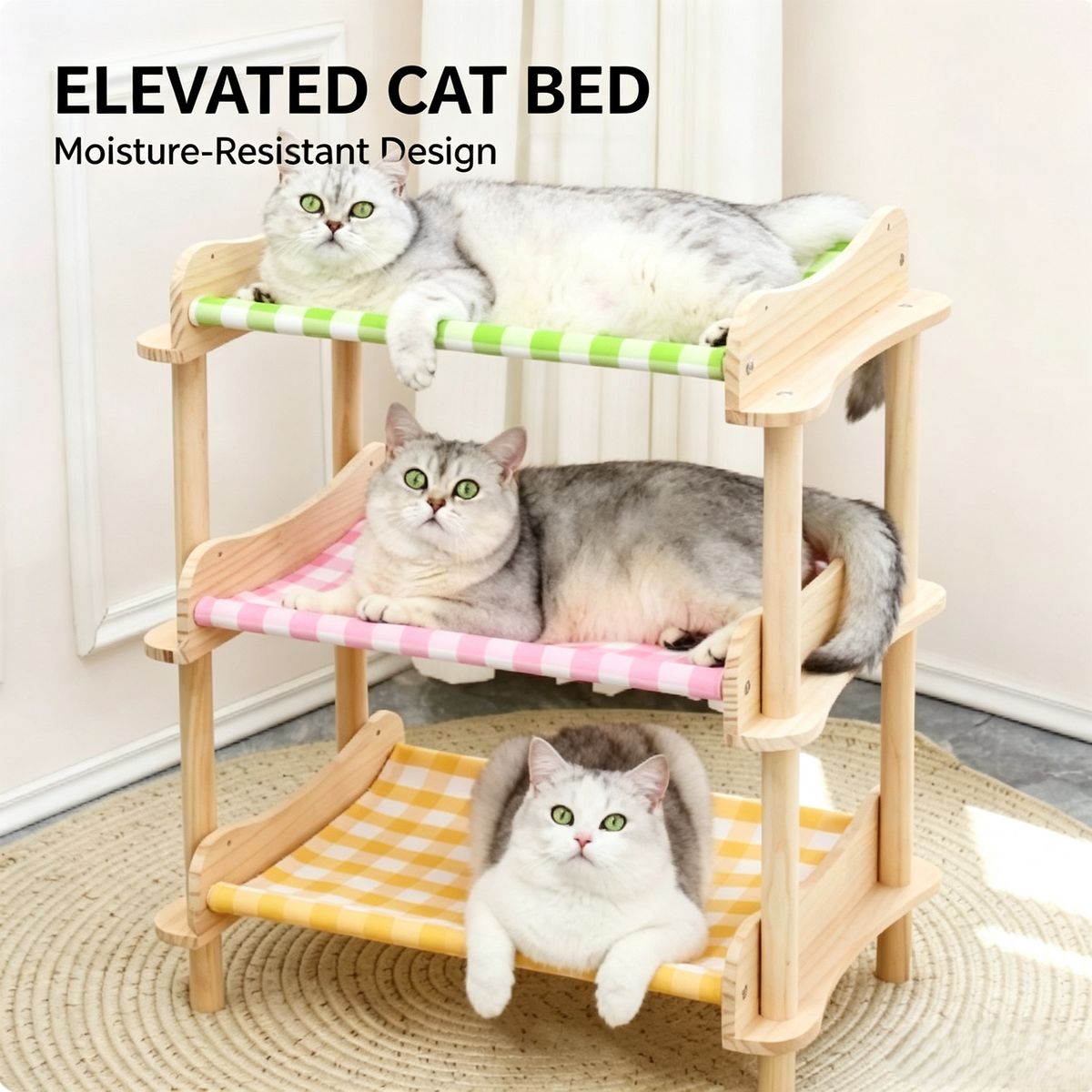 Multi‑Tier Wooden Cat Bunk Bed, 3‑Layer Elevated Pet Hammock Bed