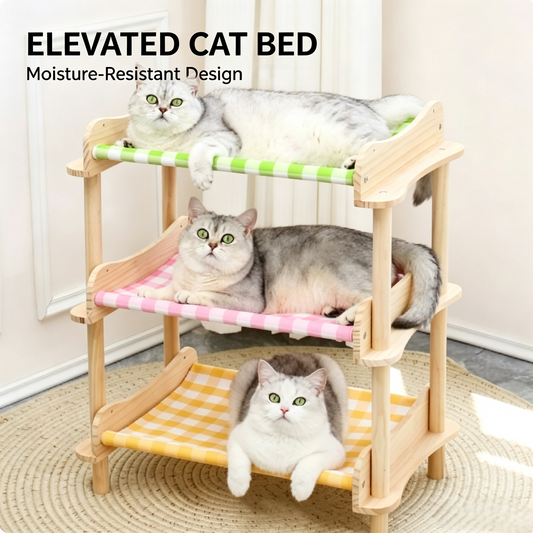 Multi‑Tier Wooden Cat Bunk Bed, 3‑Layer Elevated Pet Hammock Bed