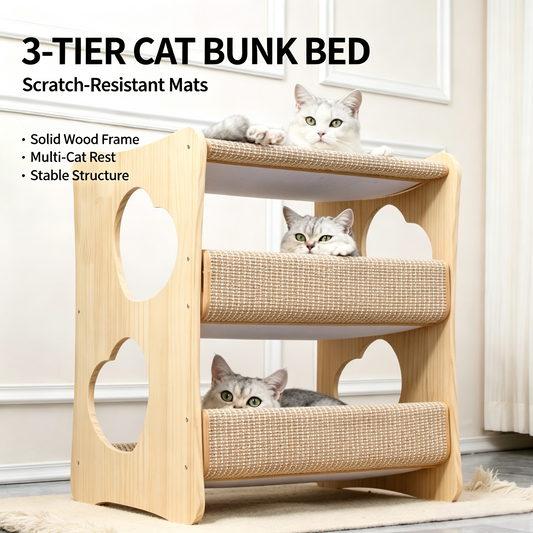 3‑Tier Solid Wood Cat Bunk Bed, Multi‑Level Kitten Rest House