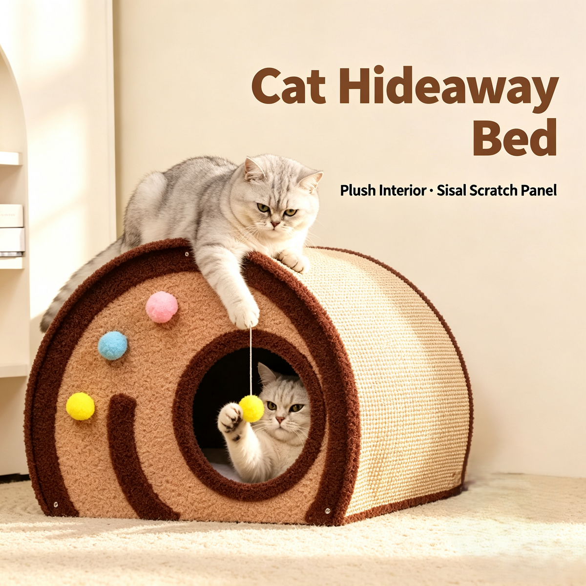 Roll‑Style Cat Cave Bed with Sisal Scratching Surface, Multi‑Function Indoor Cat Hideout with Hanging Toy
