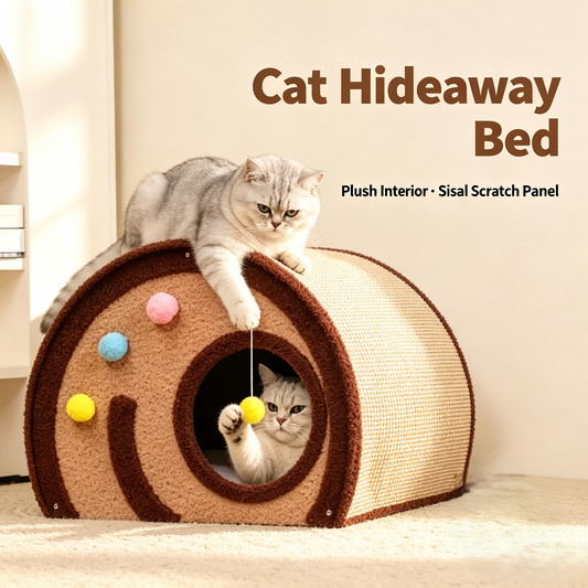 Roll‑Style Cat Cave Bed with Sisal Scratching Surface, Multi‑Function Indoor Cat Hideout with Hanging Toy
