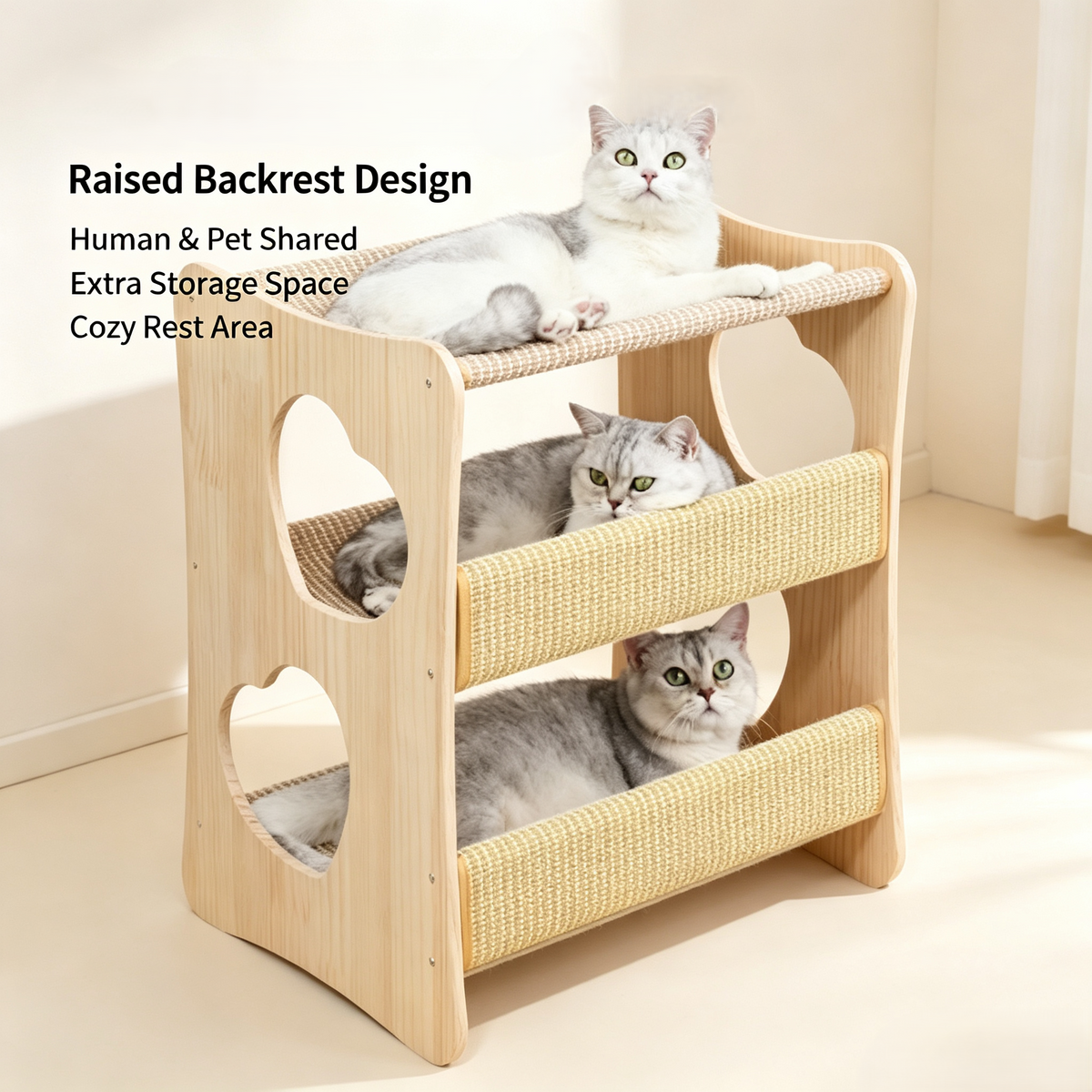 3‑Tier Solid Wood Cat Bunk Bed, Multi‑Level Kitten Rest House