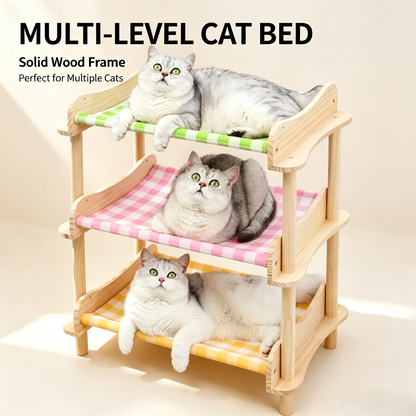 Multi‑Tier Wooden Cat Bunk Bed, 3‑Layer Elevated Pet Hammock Bed
