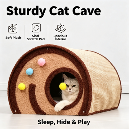 Roll‑Style Cat Cave Bed with Sisal Scratching Surface, Multi‑Function Indoor Cat Hideout with Hanging Toy