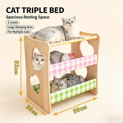 3‑Tier Solid Wood Cat Bunk Bed, Multi‑Level Kitten Rest House