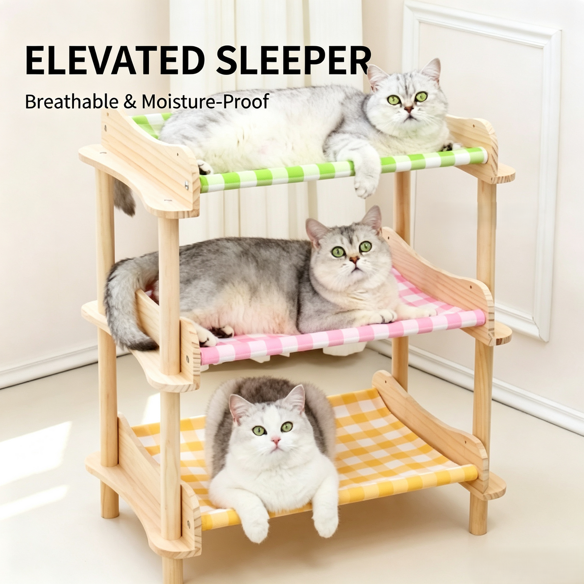Multi‑Tier Wooden Cat Bunk Bed, 3‑Layer Elevated Pet Hammock Bed