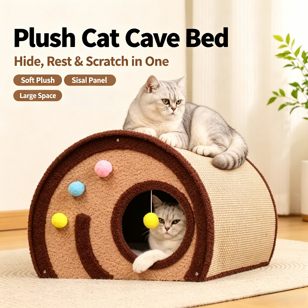 Roll‑Style Cat Cave Bed with Sisal Scratching Surface, Multi‑Function Indoor Cat Hideout with Hanging Toy