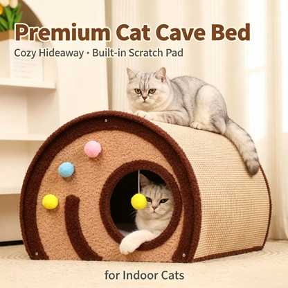 Roll‑Style Cat Cave Bed with Sisal Scratching Surface, Multi‑Function Indoor Cat Hideout with Hanging Toy
