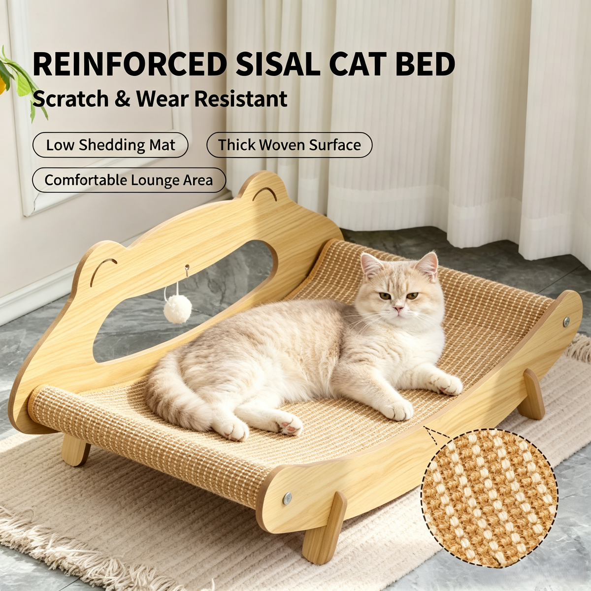 Extra‑Large Wooden Cat Scratcher Bed, Multi‑Cat Shared Sisal Lounge