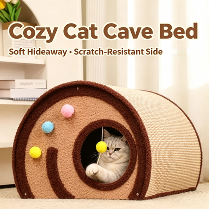 Roll‑Style Cat Cave Bed with Sisal Scratching Surface, Multi‑Function Indoor Cat Hideout with Hanging Toy
